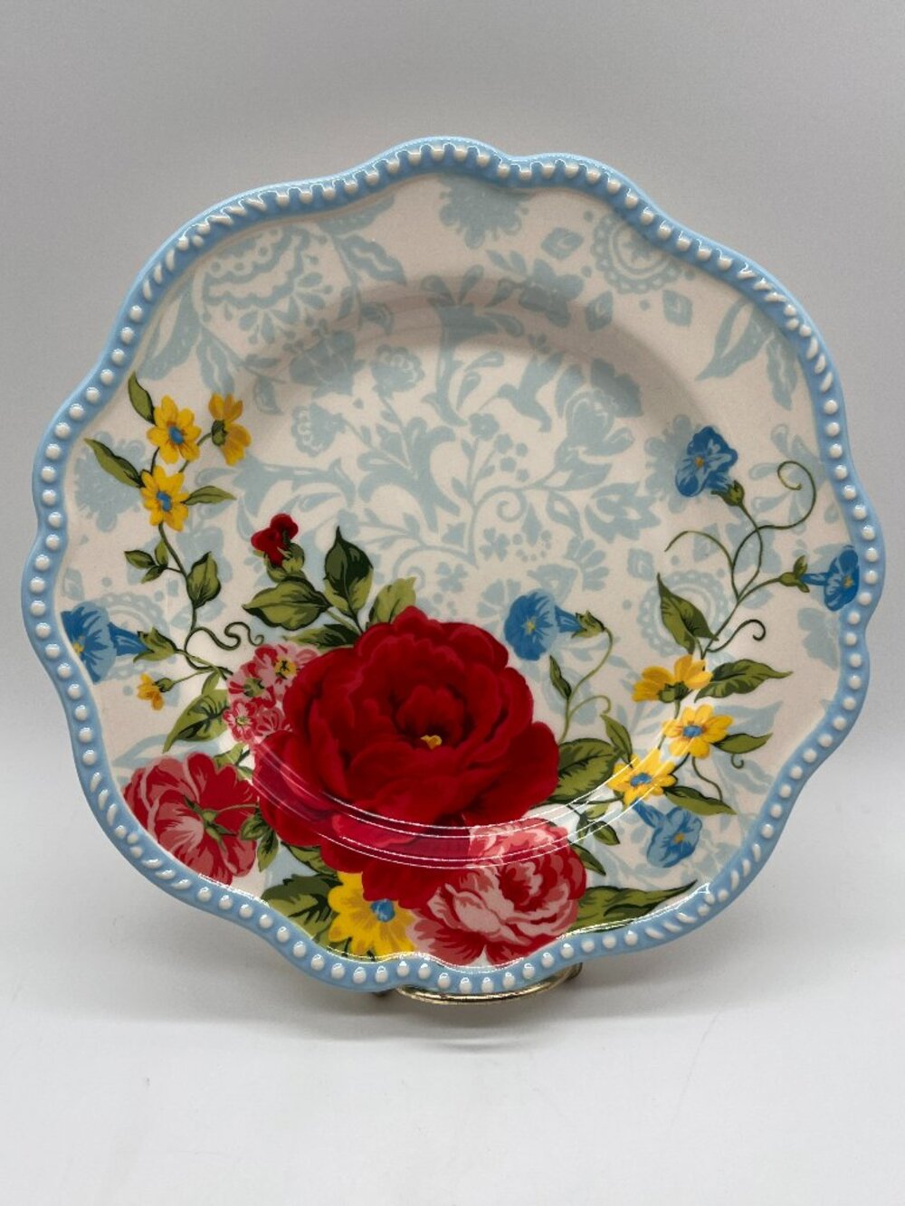 Pioneer Woman Sweet Rose Salad Plate 8.75โ Scalloped Edge Blue Red Pink Yellow